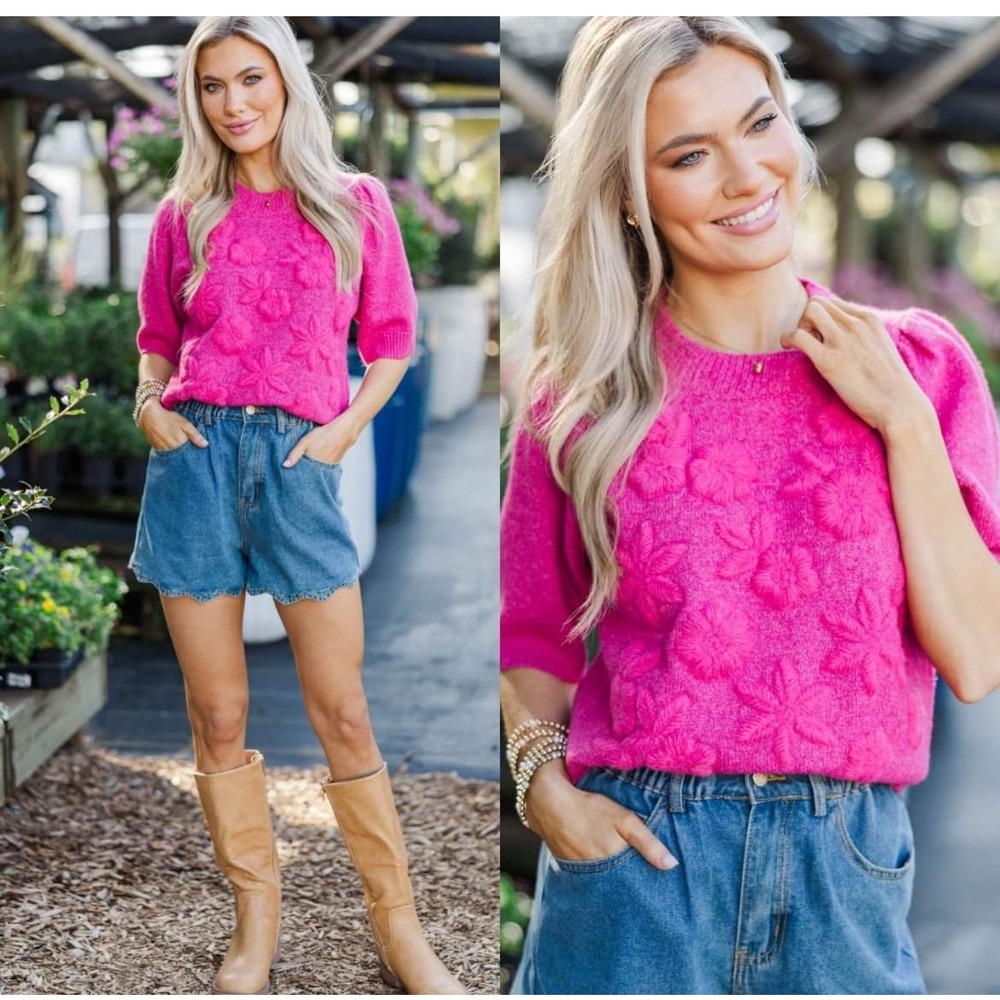 Entro Hot Pink 3D Floral Embroidered Short Puff Sleeve Knit Sweater Small